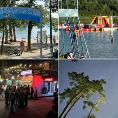 Plac zabaw na wodzie, plaża, nocne życie i nocne niebo nad lasem.