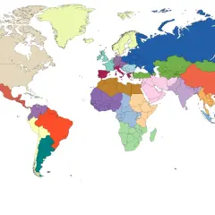 Mapa świata z podziałem na regiony. Turcja znajduje się w Europie Południowej, częściowo w Azji Mniejszej.