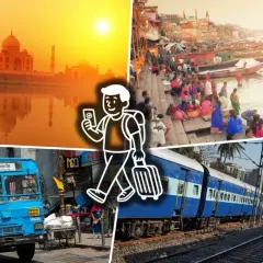 Kolorowy kolaż z Indii: Taj Mahal o zachodzie słońca, tłum nad Gangesem, niebieski autobus i pociąg. Poznaj ceny w Indiach!