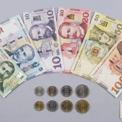 Gruzińska waluta - lari (GEL) i tetri. Banknoty o nominałach 1, 5, 10, 20, 50, 100 GEL oraz monety.