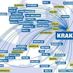 Mapa pokazuje loty jednodniowe z Krakowa do wielu europejskich miast, w tym Berlina, Rzymu, Aten i Lizbony.