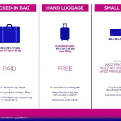 Wizzair: dokupienie bagażu rejestrowanego. Tabela porównuje bagaż rejestrowany (płatny), podręczny (bezpłatny) i mały bagaż kabinowy.