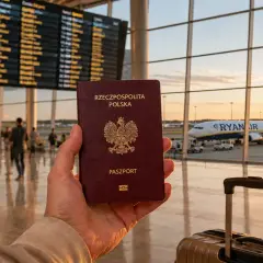 Dłoń trzyma polski paszport na tle lotniska z samolotem Ryanair i tablicą odlotów.
