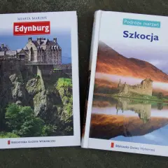 Dwie książki o podróżach: "Edynburg" z zamkiem na skale i "Szkocja" z zamkiem nad jeziorem. Idealne do planowania wycieczek po Szkocji.