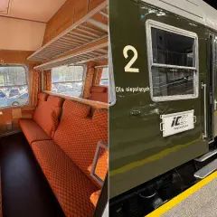 Wnętrze i zewnętrze wagonu pociągu pospiesznego. Pomarańczowe siedzenia i drewniane wykończenie w środku, zielony wagon z napisem "Dla niepalących" na zewnątrz.