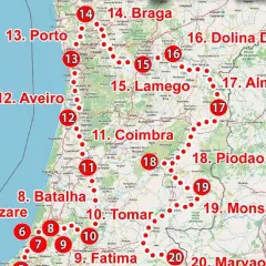 Mapa turystyczny Portugalii z zaznaczonymi trasami i miastami, gdzie jest Portugalia.
