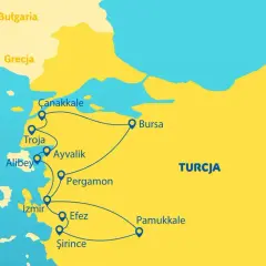 Mapa Turcji z zaznaczonymi miastami: Çanakkale, Troja (gdzie leżała Troja), Ayvalik, Pergamon, Izmir, Efes, Şirince, Pamukkale i Bursa. Widać też Bułgarię i Grecję.