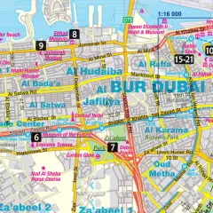 Mapa pokazuje, gdzie jest Dubaj, z zaznaczonymi atrakcjami jak Burdż Chalifa, Muzeum Dubaju i Złoty Suk.