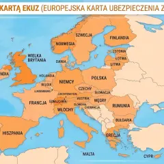 Mapa Europy z zaznaczonymi krajami objętymi EKUZ. Od Portugalii po Grecję, od Islandii po kraje bałtyckie – wszędzie tam EKUZ zapewnia ubezpieczenie.