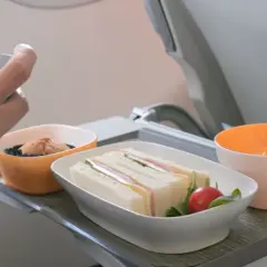 Na tacy w samolocie kanapki i przekąska. Czy w bagażu podręcznym można mieć jedzenie? Tak, jak widać na zdjęciu.
