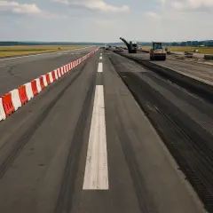 Pas startowy w remoncie, z pomarańczowym walcem i frezarką. Wygląda na to, że lotniska są zamknięte na czas prac.