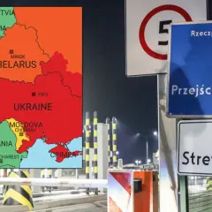 Mapa Europy Wschodniej obok znaku "Przejście Graniczne Medyka" i "Strefa ruchu". W tle widać przejście graniczne, które może być jednym z miejsc na liście najniebezpieczniejsze kraje świata.