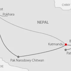 Mapa pokazuje, gdzie jest Nepal, z zaznaczonymi miastami: Sarangkot, Pokhara, Katmandu, Bhaktapur, Patan i Park Narodowy Chitwan.