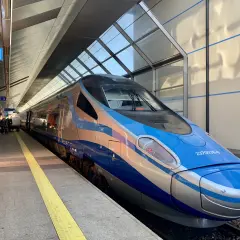 Nowoczesny pociąg InterCity w kolorach niebieskim i srebrnym stoi na peronie.