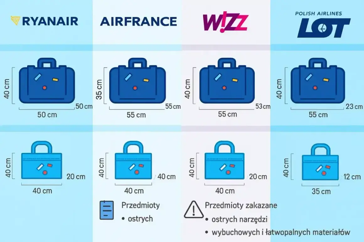 Porównanie wymiarów bagażu podręcznego i rejestrowanego dla Ryanair, Air France, Wizz Air i LOT. Sprawdź, co możesz zabrać na pokład.