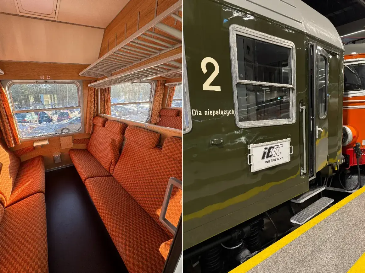 Wnętrze i zewnętrze wagonu pociągu pospiesznego. Pomarańczowe siedzenia i drewniane wykończenie w środku, zielony wagon z napisem "Dla niepalących" na zewnątrz.
