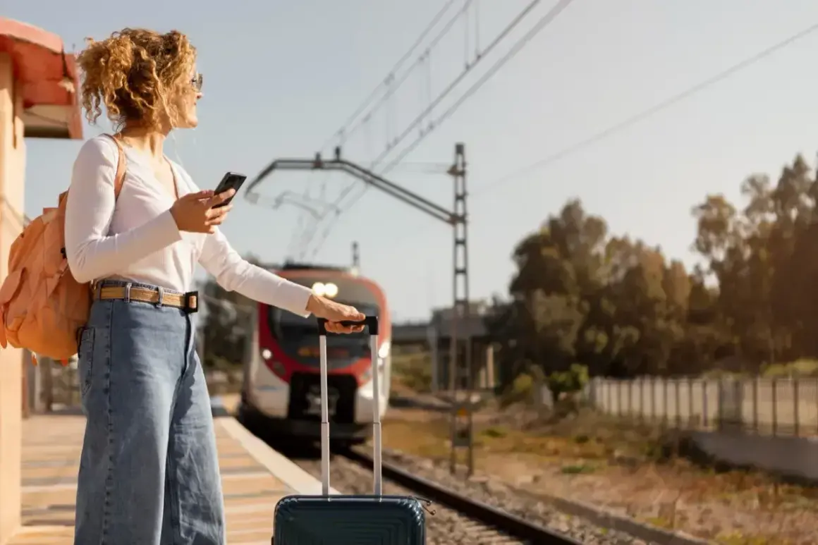 Kobieta z plecakiem i walizką czeka na pociąg PKP. Jej bagaż ponadwymiarowy jest gotowy do podróży.