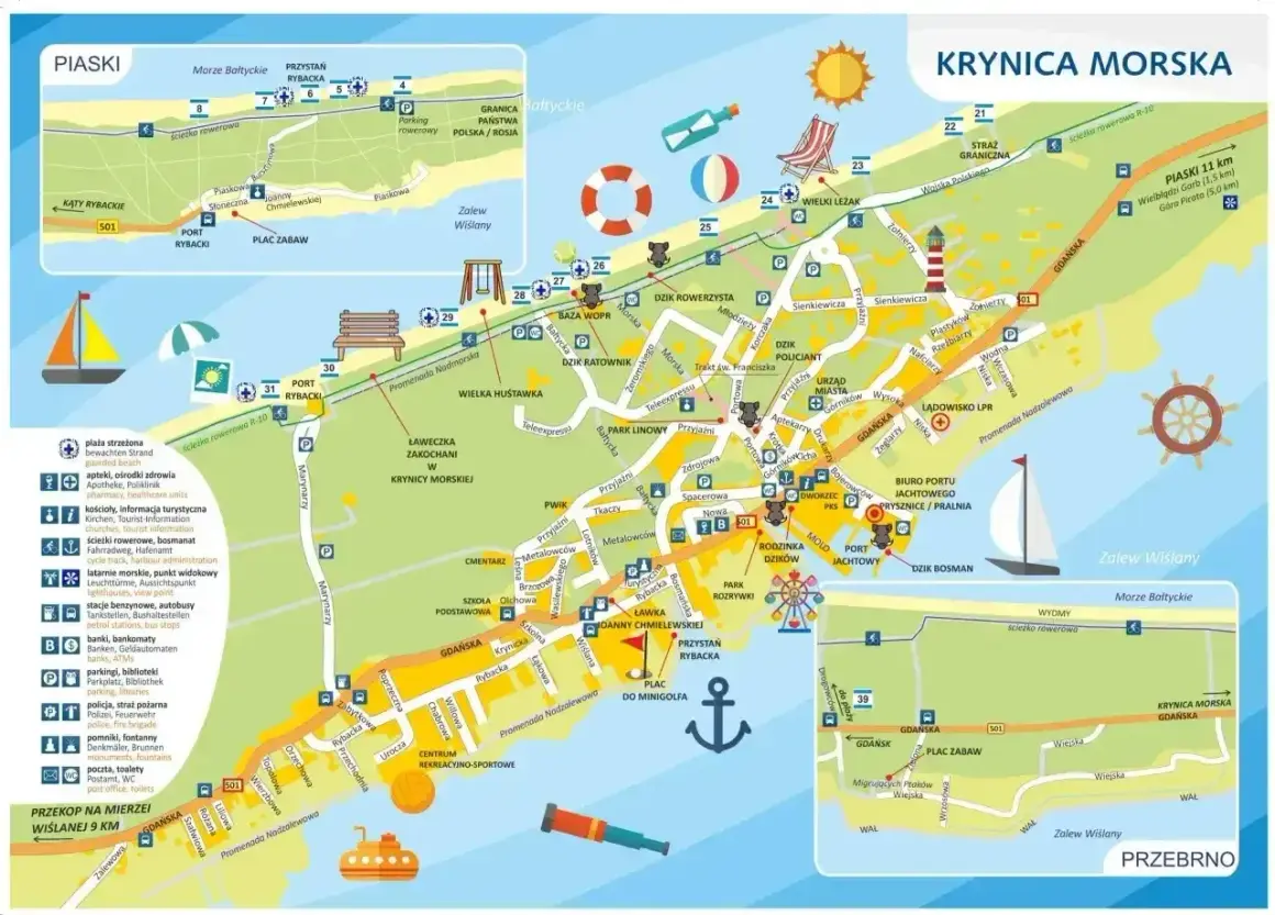 Mapa Krynicy Morskiej z zaznaczonymi atrakcjami, plażami, ścieżkami rowerowymi i drogami. Widać tu m.in. porty, latarnię morską i plac zabaw.