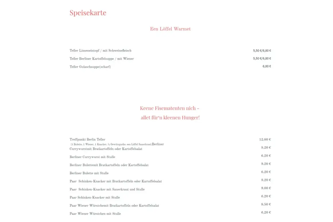 Menu z daniami, np. zupa gulaszowa za 6,80 €, Treffpunkt Berlin Teller za 12,80 €. Sprawdź, ile kosztuje obiad w Niemczech.