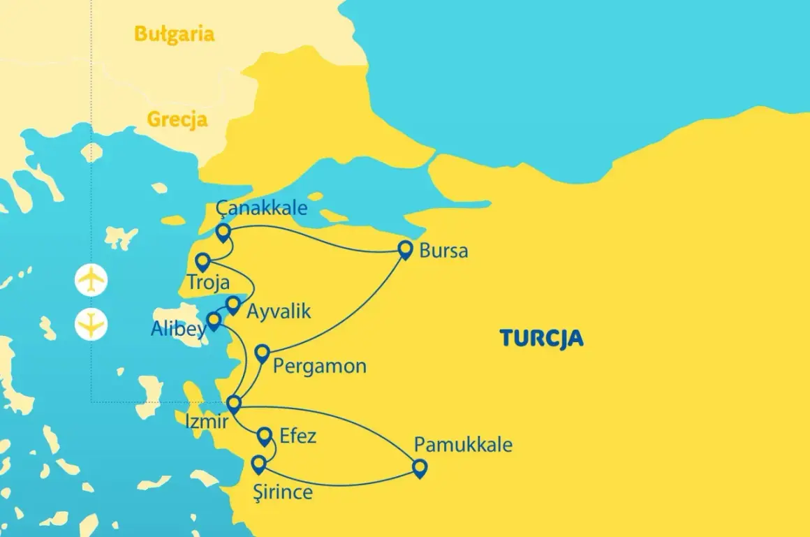 Mapa Turcji z zaznaczonymi miastami: Çanakkale, Troja (gdzie leżała Troja), Ayvalik, Pergamon, Izmir, Efes, Şirince, Pamukkale i Bursa. Widać też Bułgarię i Grecję.