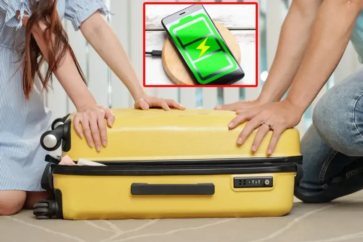 Para podróżnych zamyka żółtą walizkę. Telefon na ładowarce bezprzewodowej pokazuje pełną baterię, idealny na podróż z Wizzair, gdzie przyda się powerbank.