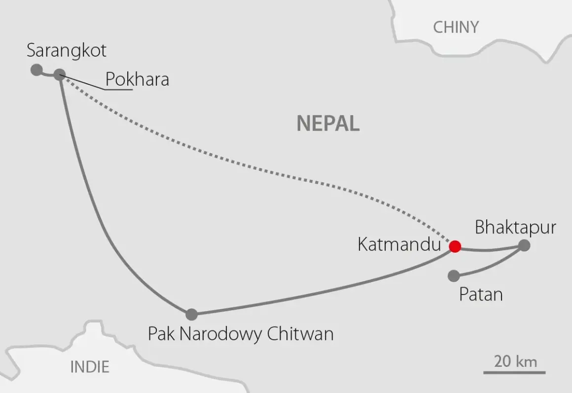 Mapa pokazuje, gdzie jest Nepal, z zaznaczonymi miastami: Sarangkot, Pokhara, Katmandu, Bhaktapur, Patan i Park Narodowy Chitwan.