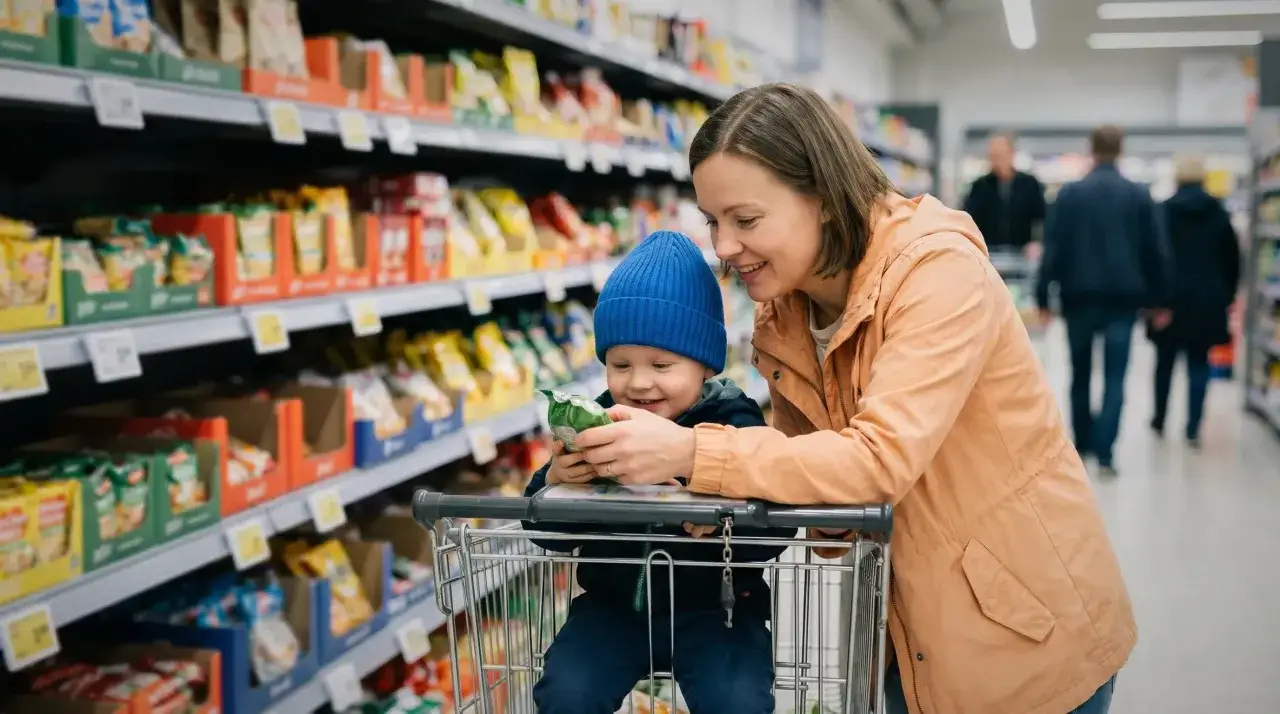 Mama z synkiem w wózku przeglądają produkty w supermarkecie. Dziecko trzyma paczkę, a mama uśmiecha się, patrząc na niego. W tle widać półki sklepowe z towarem, co sugeruje zakupy i ceny w Finlandii.