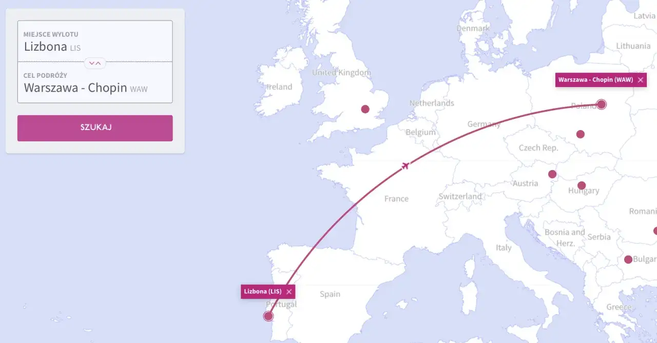 Mapa pokazuje trasę lotu z Lizbony do Warszawy. Sprawdź, ile się leci do Portugalii, jeśli planujesz podróż powrotną.
