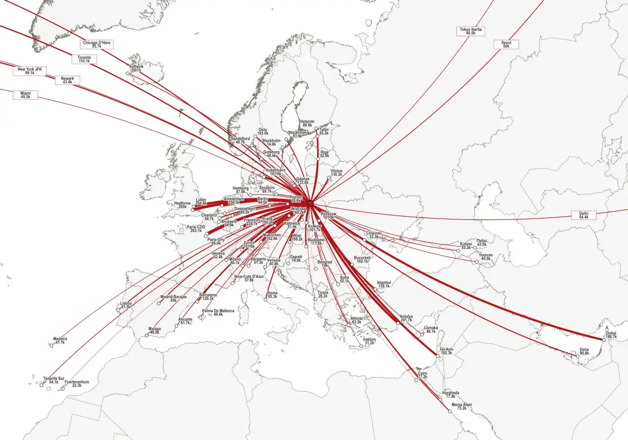 Mapa pokazuje loty jednodniowe z Krakowa do wielu europejskich i bliskowschodnich miast, w tym Londynu, Paryża, Rzymu, Tel Awiwu i Dubaju.
