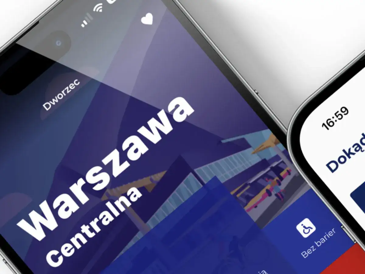 Najlepsza aplikacja do kupowania biletów PKP. Widok ekranu aplikacji mobilnej z informacją o Dworcu Centralnym w Warszawie.