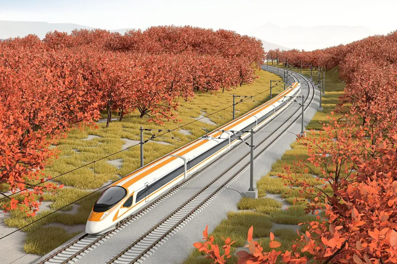 Biało-pomarańczowy pociąg TGV pędzi po torach wśród jesiennych drzew. Jego prędkość robi wrażenie.