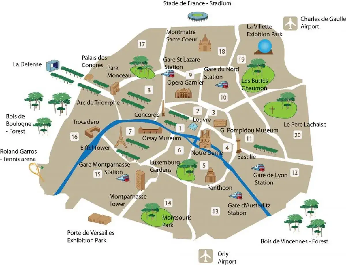 Mapa turystyczna Paryża z zaznaczonymi atrakcjami, parkami i lotniskami. Gdzie jest Paryż? Właśnie tutaj!