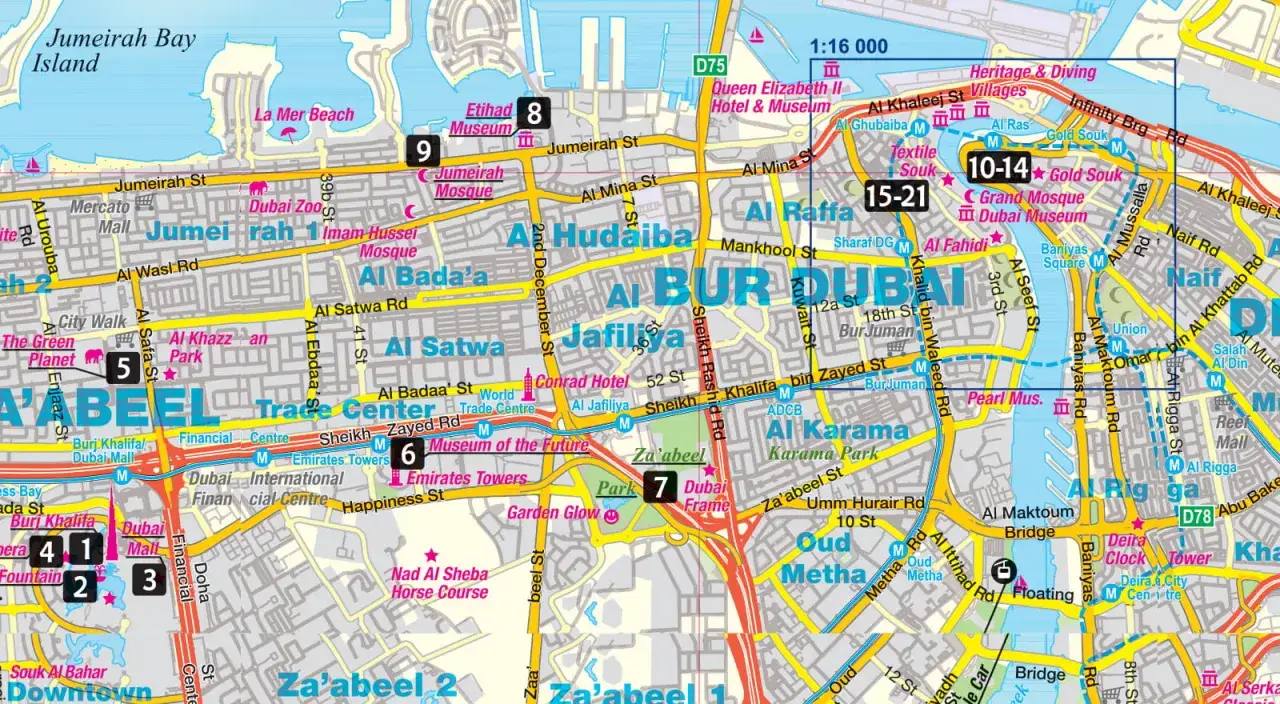 Mapa pokazuje, gdzie jest Dubaj, z zaznaczonymi atrakcjami jak Burdż Chalifa, Muzeum Dubaju i Złoty Suk.
