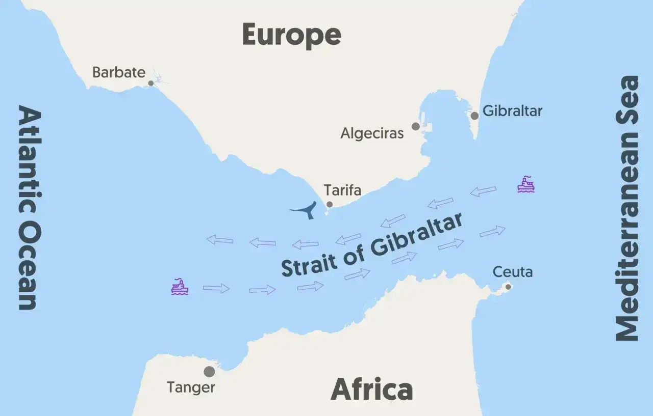 Mapa pokazuje Cieśninę Gibraltarską, która oddziela Europę od Afryki. To kluczowy punkt, gdzie leży Maroko, łącząc Atlantyk z Morzem Śródziemnym.