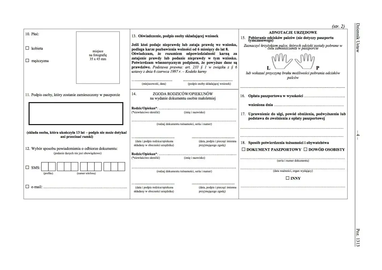 Formularz wniosku o paszport, z polami do wypełnienia danych osobowych, zgody rodziców i adnotacji urzędowych.