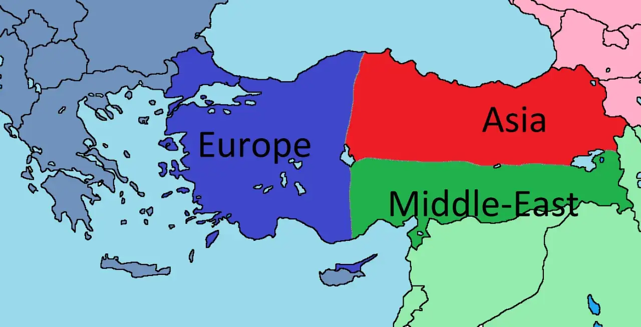 Mapa pokazuje, że Turcja leży na dwóch kontynentach: Europie i Azji. Część zachodnia to Europa, a wschodnia to Azja i Bliski Wschód.