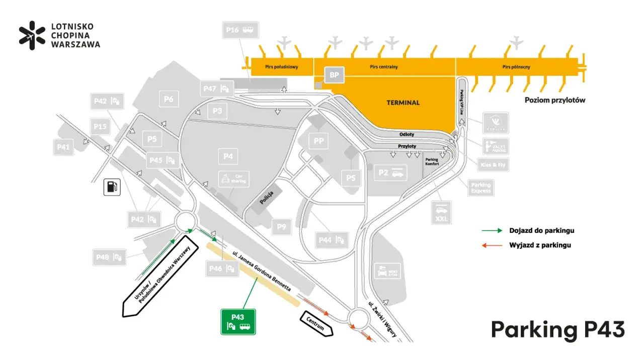 Mapa Lotnisko Chopina Parking P43. Cennik parkingu znajdziesz na stronie lotniska. Dostępne są różne opcje, w tym Parking Express i VIP.
