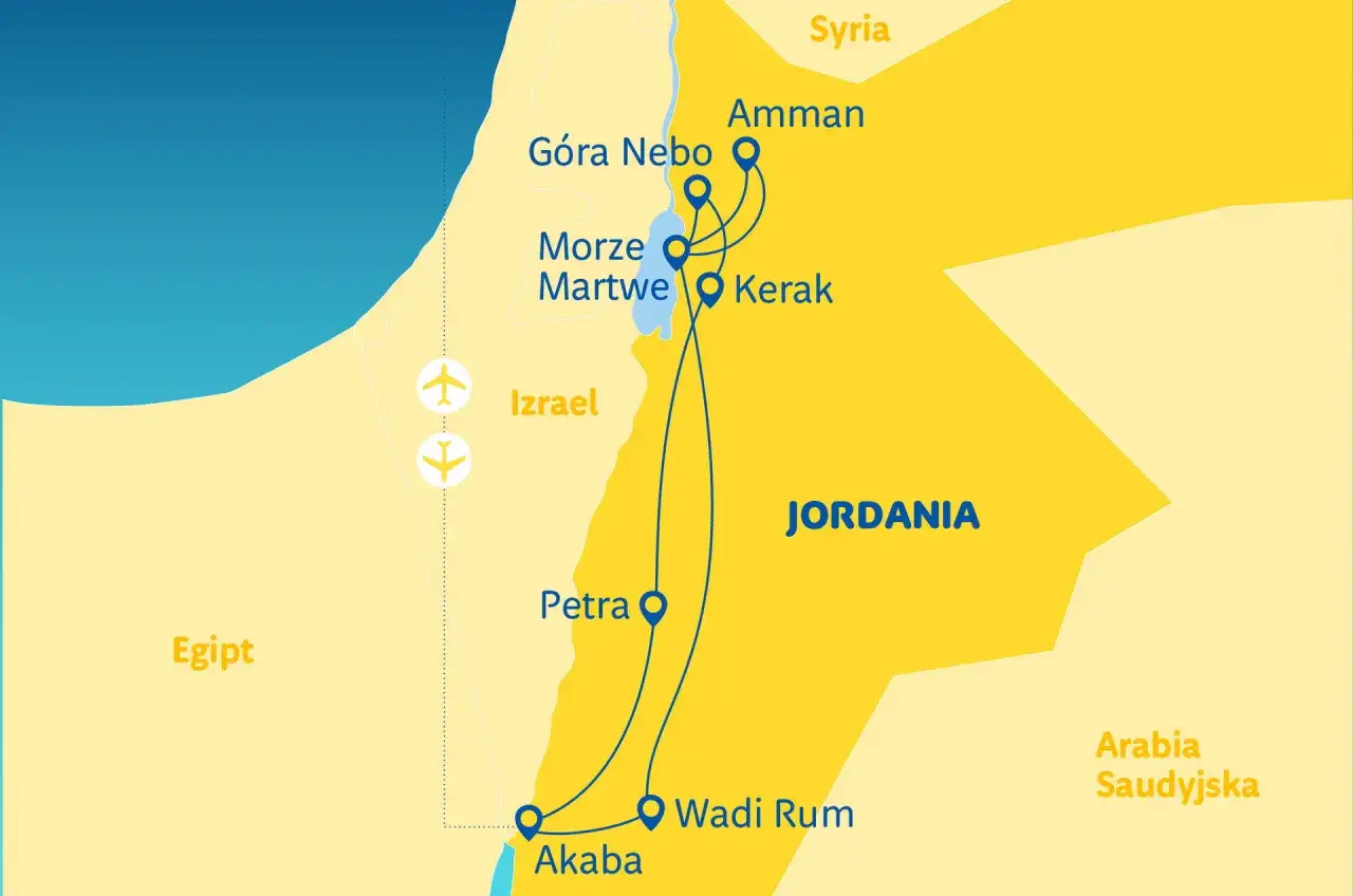 Mapa Jordanii z zaznaczonymi atrakcjami: Amman, Petra, Wadi Rum. Podróż do Jordanii jest bezpieczna.