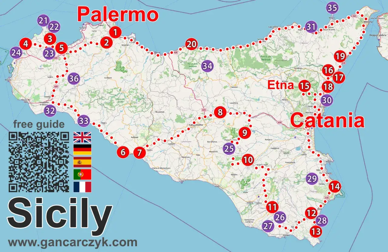 Mapa Sycylii z zaznaczonymi trasami i atrakcjami. Czy na Sycylii jest bezpiecznie? Mapa pokazuje główne miasta jak Palermo i Katania, wulkany Etna, oraz punkty turystyczne.