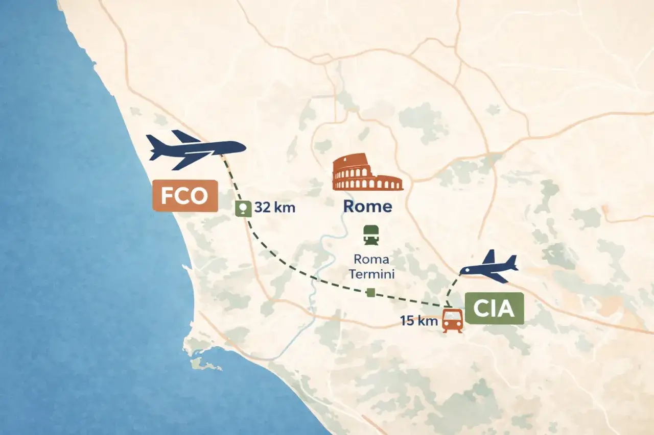 Mapa lotniska Rzym: FCO (32 km) i CIA (15 km) od centrum, z zaznaczoną stacją Roma Termini.