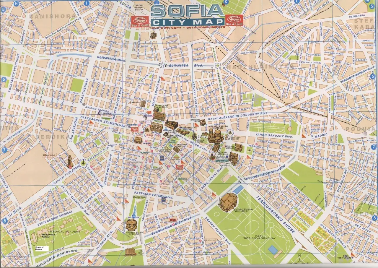 Mapa Sofii z zaznaczonymi atrakcjami, ulicami i transportem. Podróżując po Bułgarii, warto zapoznać się z mapą, by czuć się bezpiecznie.