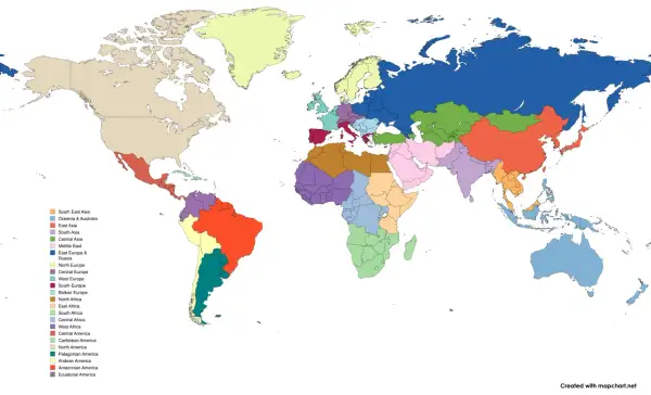 Mapa świata z podziałem na regiony. Turcja znajduje się w Europie Południowej, częściowo w Azji Mniejszej.