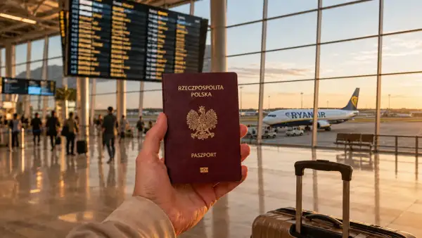 Dłoń trzyma polski paszport na tle lotniska z samolotem Ryanair i tablicą odlotów.