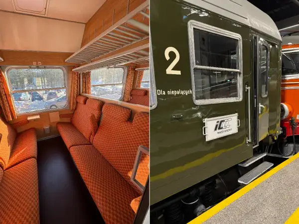 Wnętrze i zewnętrze wagonu pociągu pospiesznego. Pomarańczowe siedzenia i drewniane wykończenie w środku, zielony wagon z napisem "Dla niepalących" na zewnątrz.