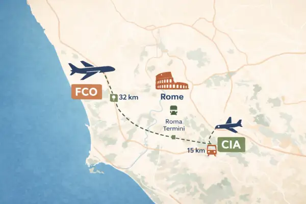 Mapa Rzymu z zaznaczonymi lotniskami Fiumicino (FCO) i Ciampino (CIA) oraz odległościami.