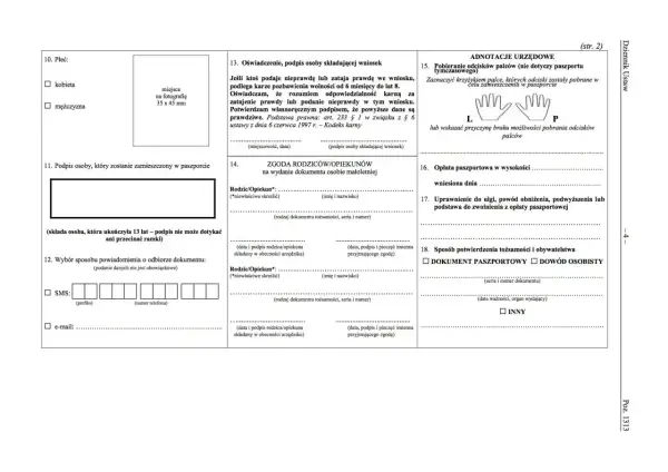 Wniosek o paszport druk: pole wyboru płci, miejsce na zdjęcie, zgoda rodziców, dane urzędowe, opłata, potwierdzenie tożsamości.