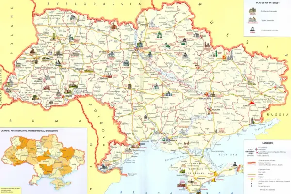 Mapa administracyjna Ukrainy pokazuje jej położenie między Polską, Słowacją, Węgrami, Rumunią, Mołdawią, Rosją i Białorusią.
