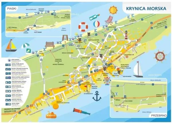 Mapa Krynicy Morskiej z zaznaczonymi atrakcjami, plażami, ścieżkami rowerowymi i drogami. Widać tu m.in. porty, latarnię morską i plac zabaw.