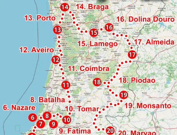 Mapa turystyczny Portugalii z zaznaczonymi trasami i miastami, gdzie jest Portugalia.