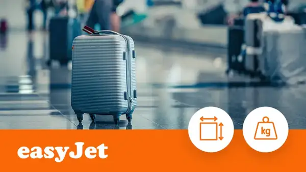 Szara walizka na lotnisku, gotowa na podróż. Sprawdź wymiary i wagę swojego easyJet bagażu rejestrowanego.
